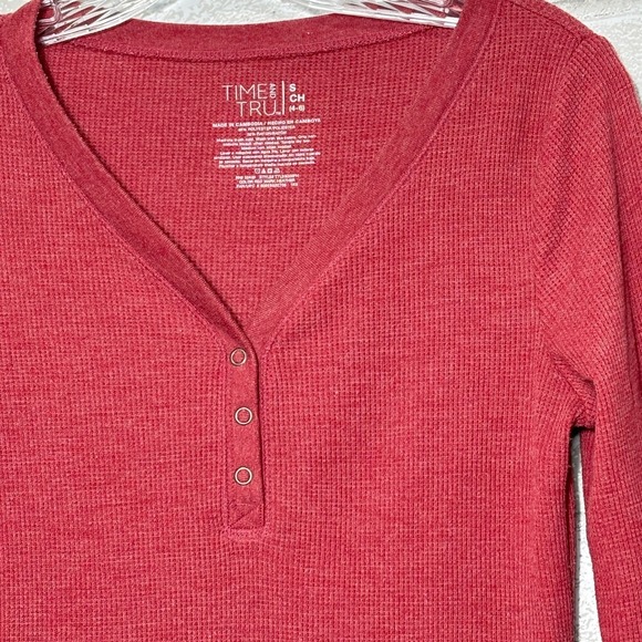 Womens Y2K Red Thermal‎ Henley Top Small Bella Elena Fitted Long Sleeve Preppy - Picture 3 of 9